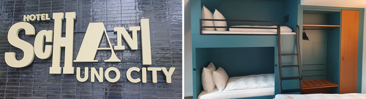 Hotel Schani Uno City Schriftzug und Zimmer mit Stockbett