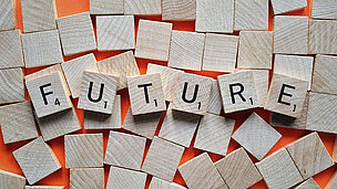 Auf Holzsteinen steht das Wort "FUTURE"