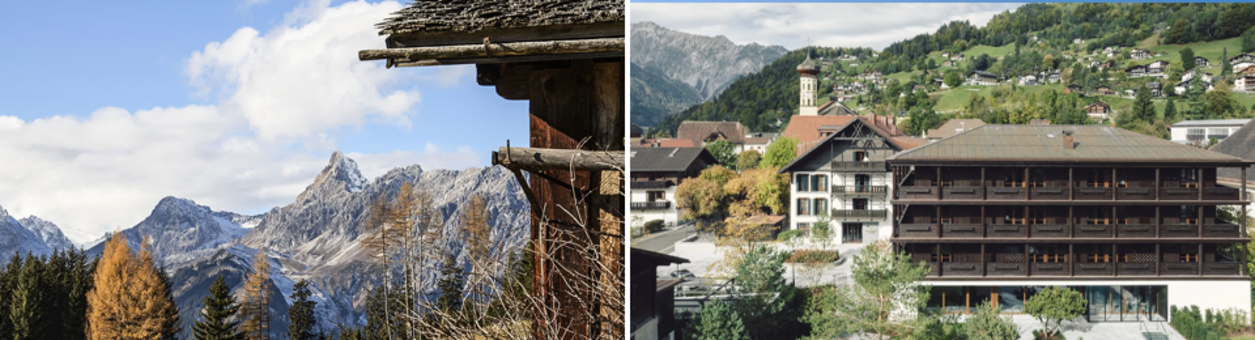 Collage aus Bild mit Bergmassiv und Außenansicht Posthotel Taube